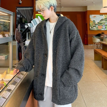 Cardigans Men Loose Korea Style Hooded Warm Autumn Winter Chic Knitted Gray Solid Minimalist Young College All-match Coats Ins